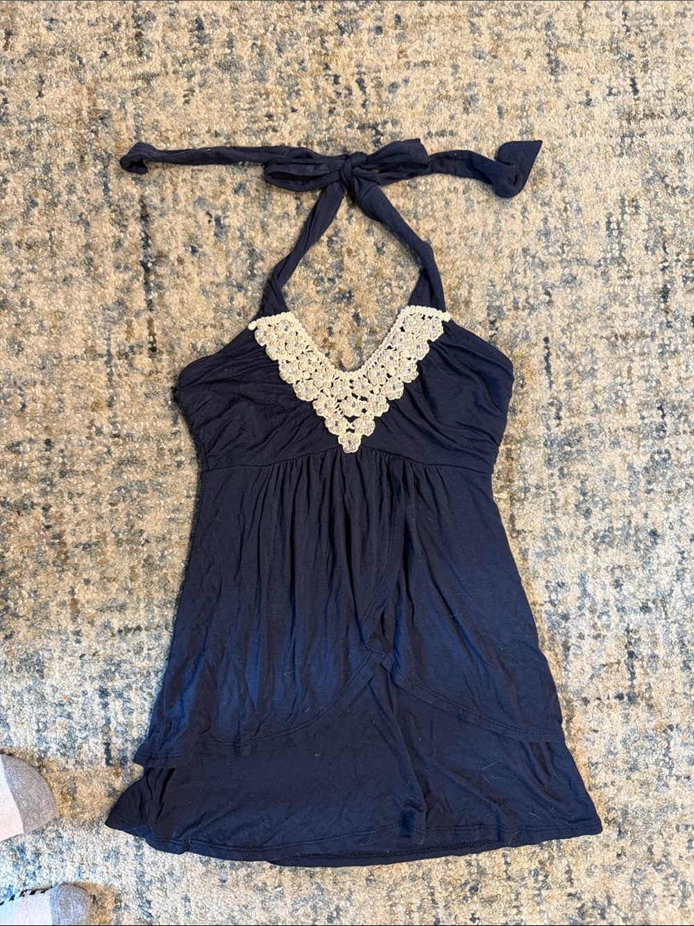 Women’s y2k Navy Halter top with pearls and Crochet Trim